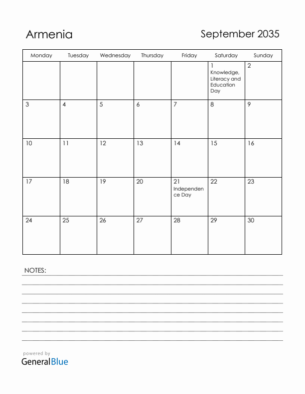 September 2035 Armenia Calendar with Holidays (Monday Start)