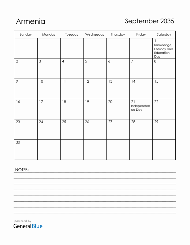 September 2035 Armenia Calendar with Holidays (Sunday Start)