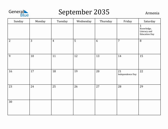 September 2035 Calendar Armenia