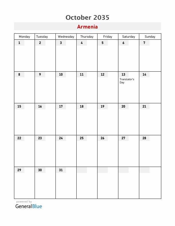 Armenia October 2035 Calendar with Holidays