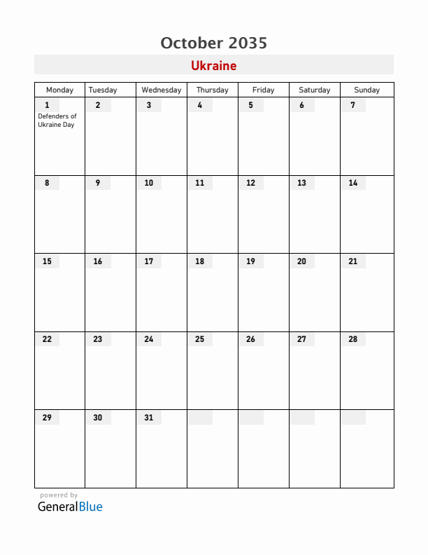 Ukraine October 2035 Calendar with Holidays