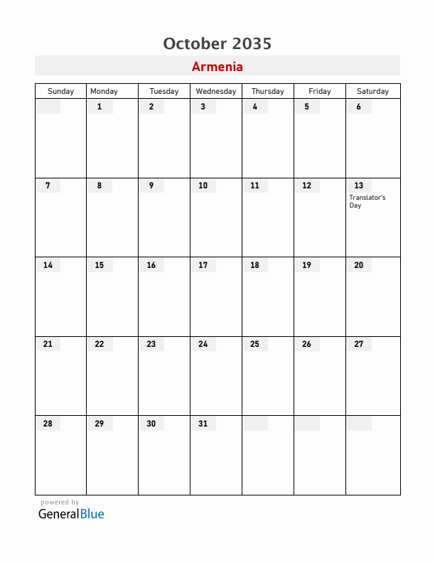 Armenia October 2035 Calendar with Holidays