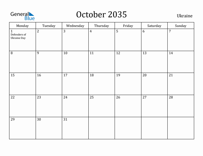 October 2035 Calendar Ukraine
