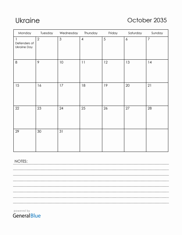 October 2035 Ukraine Calendar with Holidays (Monday Start)