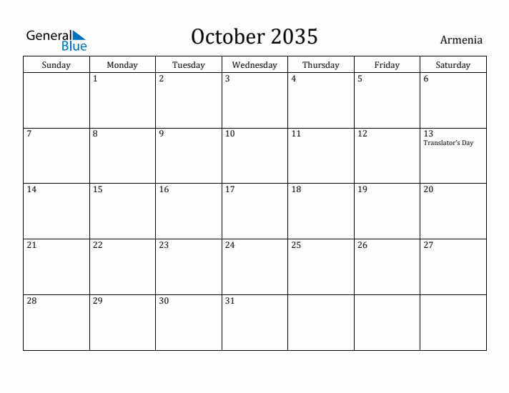 October 2035 Calendar Armenia