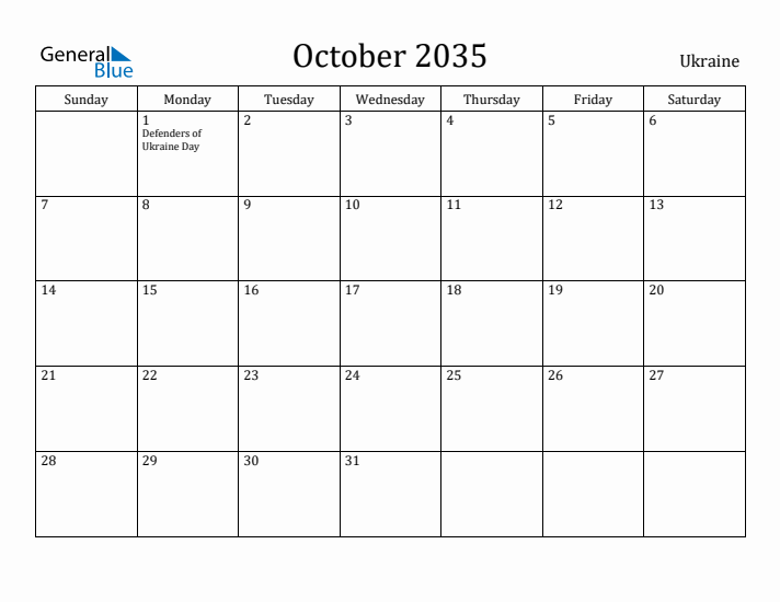 October 2035 Calendar Ukraine