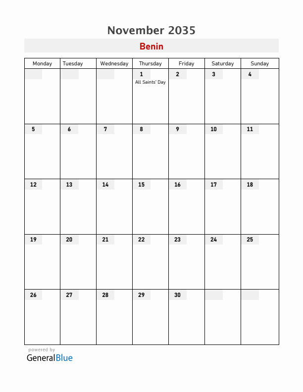 Benin November 2035 Calendar with Holidays