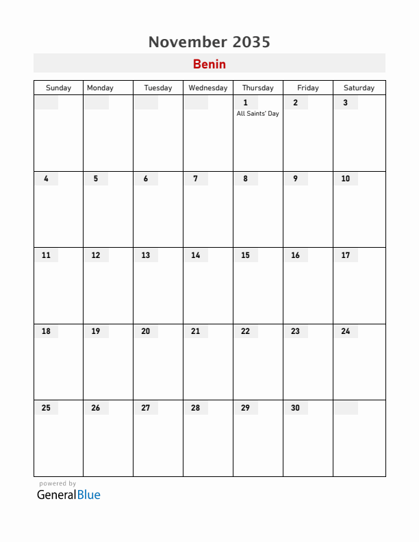 Benin November 2035 Calendar with Holidays