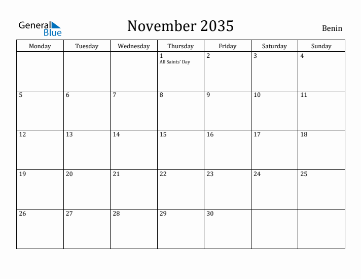 November 2035 Calendar Benin