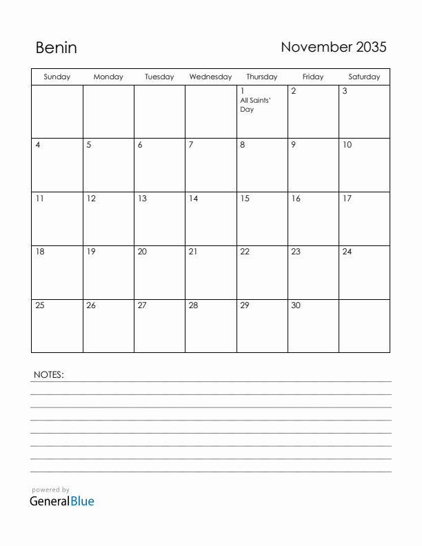 November 2035 Benin Calendar with Holidays (Sunday Start)