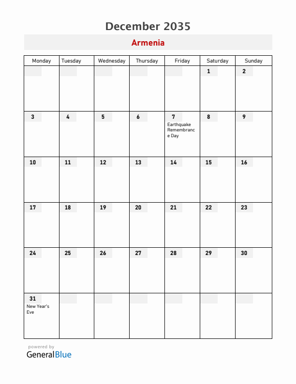 Armenia December 2035 Calendar with Holidays