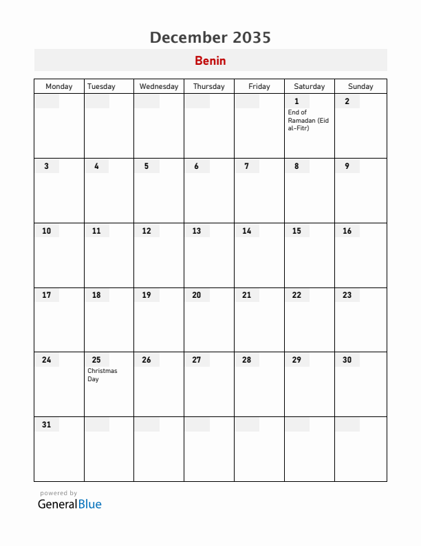 Benin December 2035 Calendar with Holidays