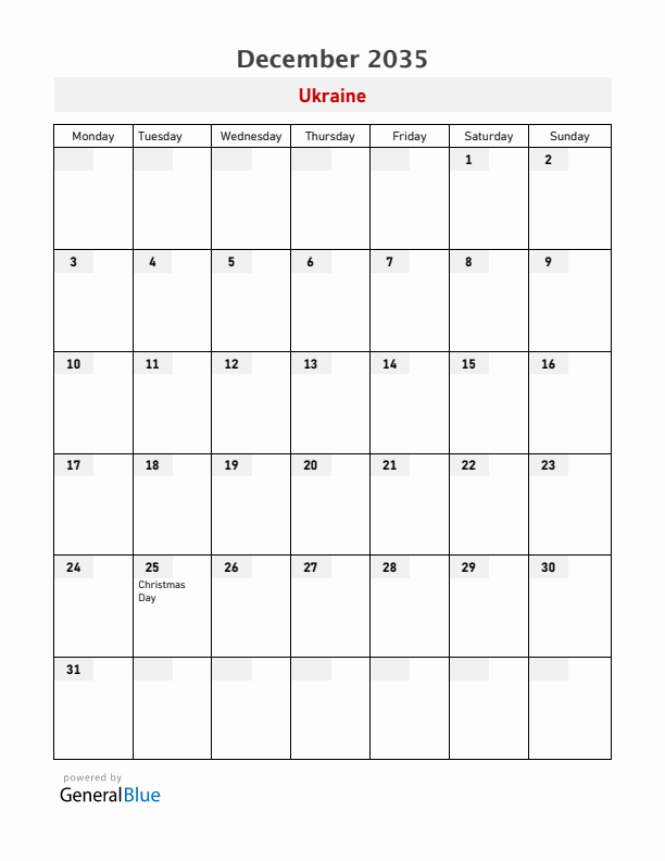 Ukraine December 2035 Calendar with Holidays