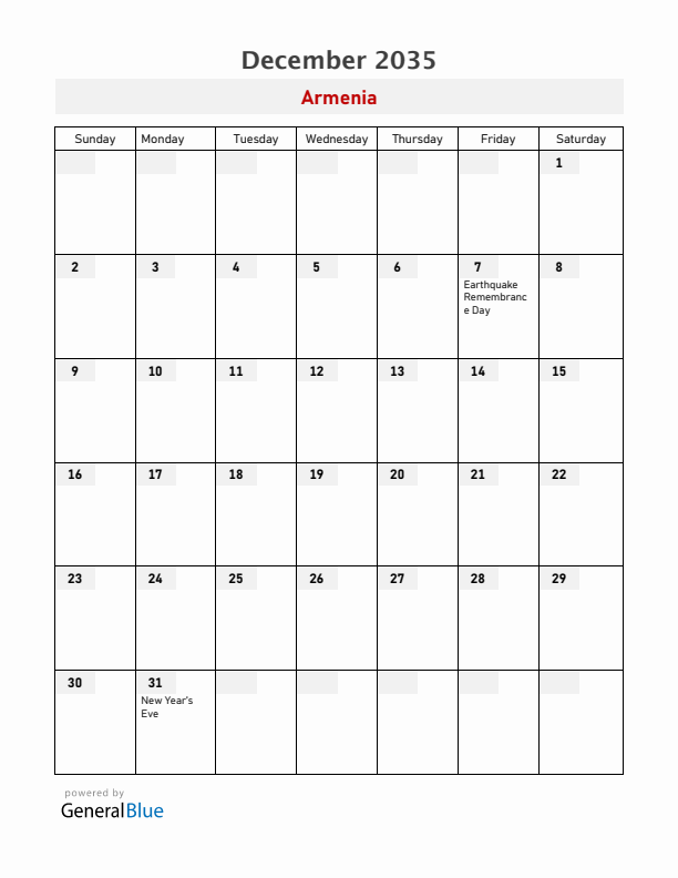 Armenia December 2035 Calendar with Holidays