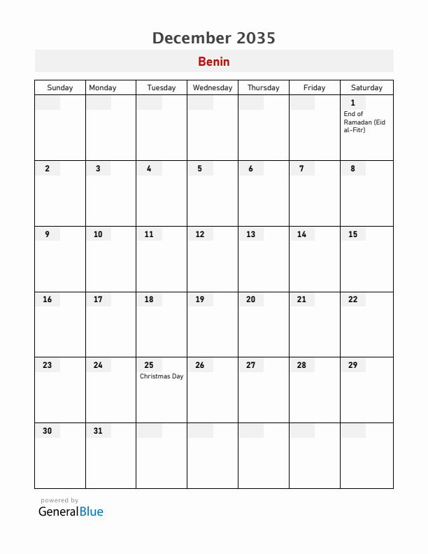 Benin December 2035 Calendar with Holidays