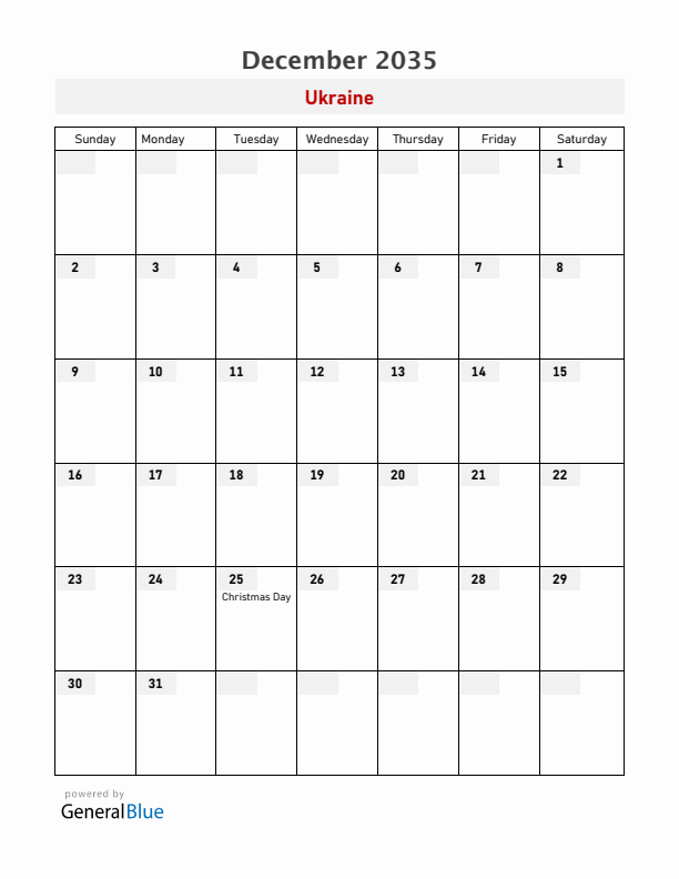 Ukraine December 2035 Calendar with Holidays