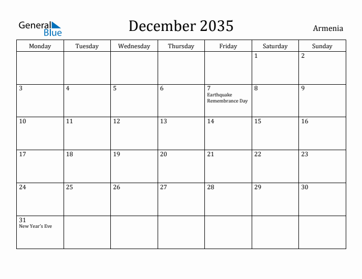 December 2035 Calendar Armenia