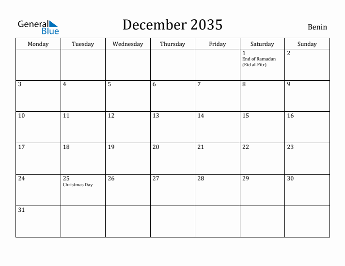 December 2035 Calendar Benin