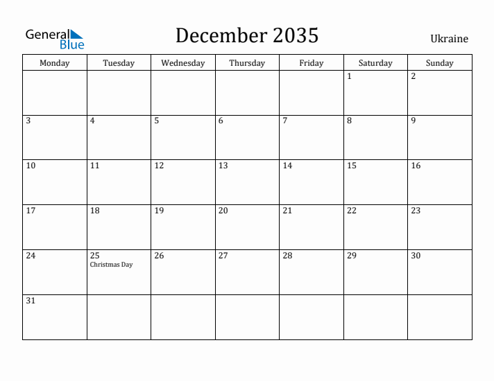 December 2035 Calendar Ukraine