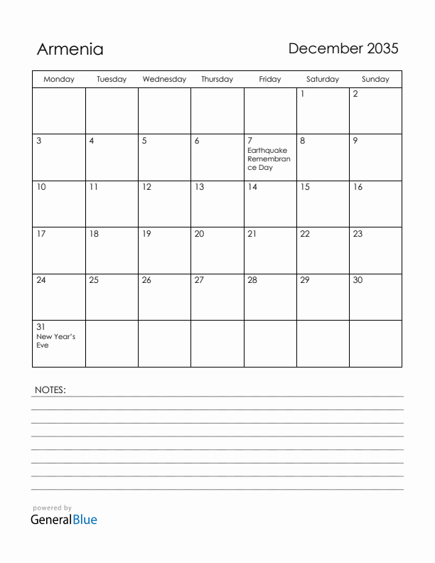 December 2035 Armenia Calendar with Holidays (Monday Start)