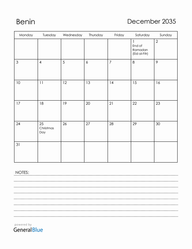 December 2035 Benin Calendar with Holidays (Monday Start)