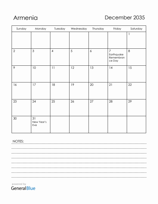 December 2035 Armenia Calendar with Holidays (Sunday Start)