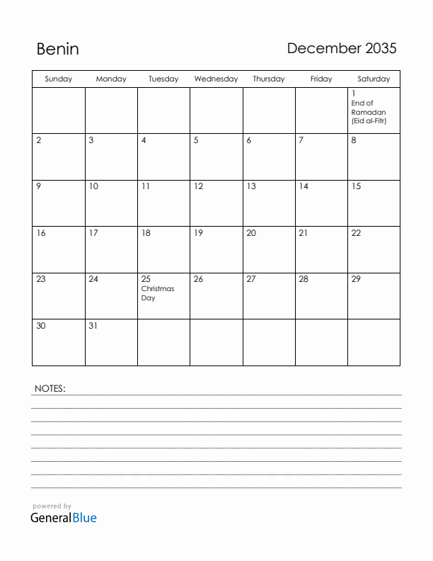 December 2035 Benin Calendar with Holidays (Sunday Start)