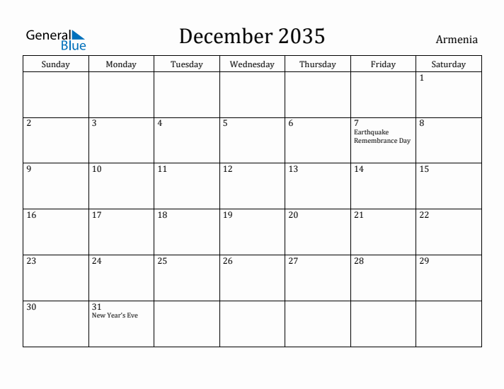 December 2035 Calendar Armenia