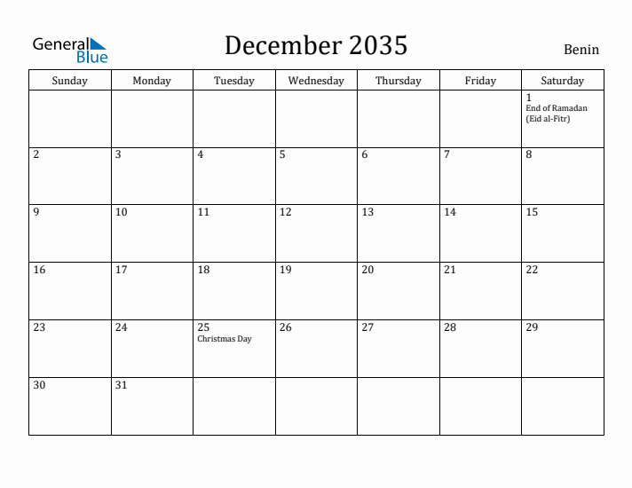December 2035 Calendar Benin