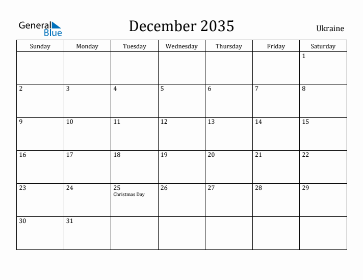 December 2035 Calendar Ukraine